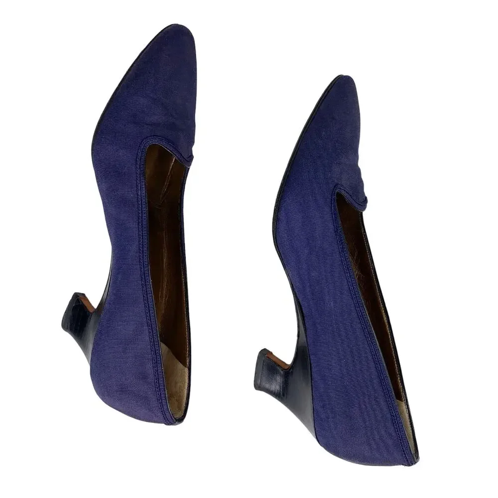 Yves Saint Laurent YSL Vintage Ribbed Navy Silk Pumps 7M Heels 2.25